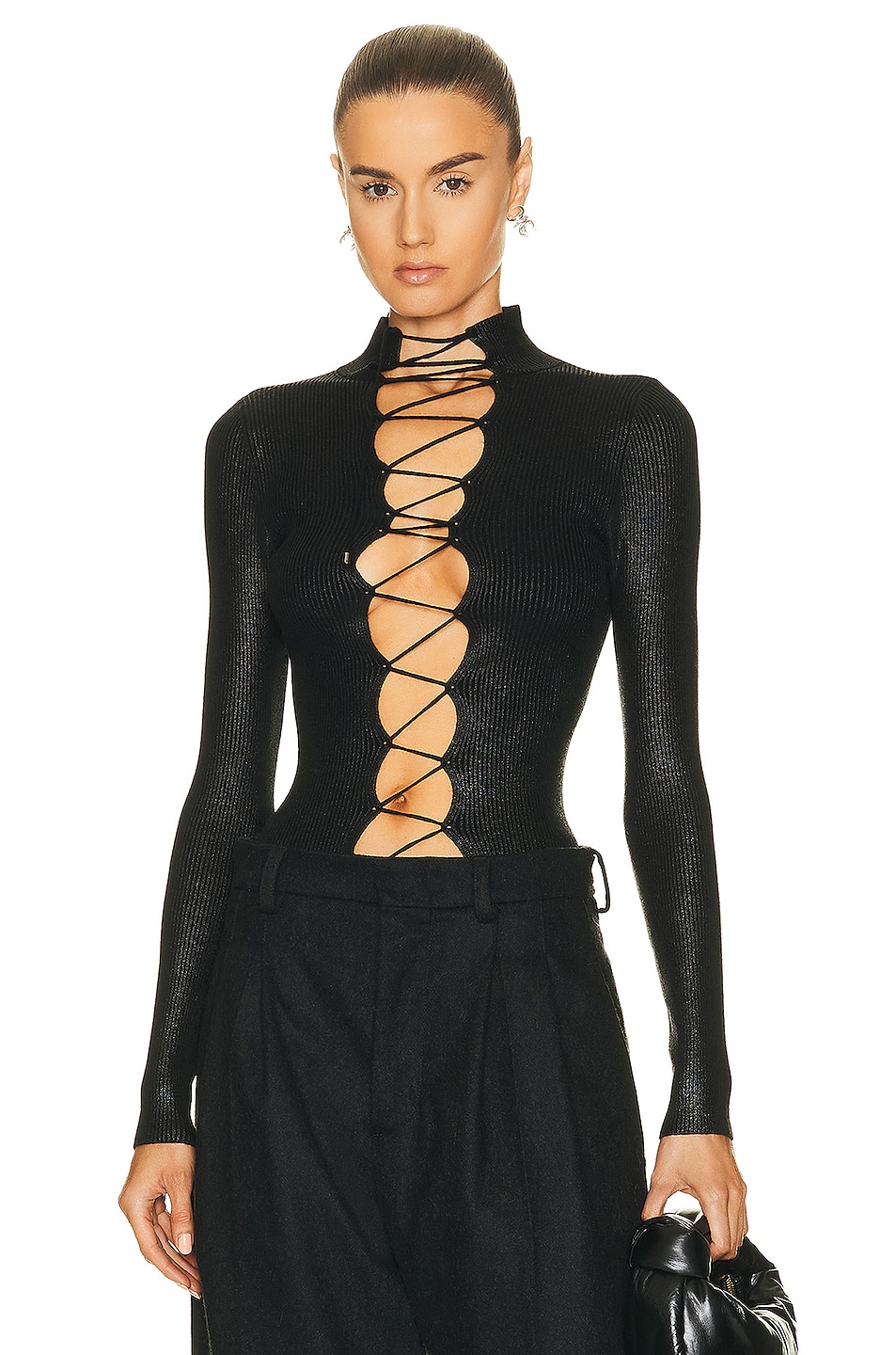 Image 1 of Jean Paul Gaultier Center Front Lace Long Sleeve Top in Black