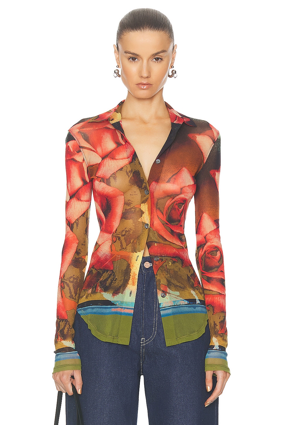 Image 1 of Jean Paul Gaultier Roses Mesh Long Sleeve Top in Green, Red, & Blue