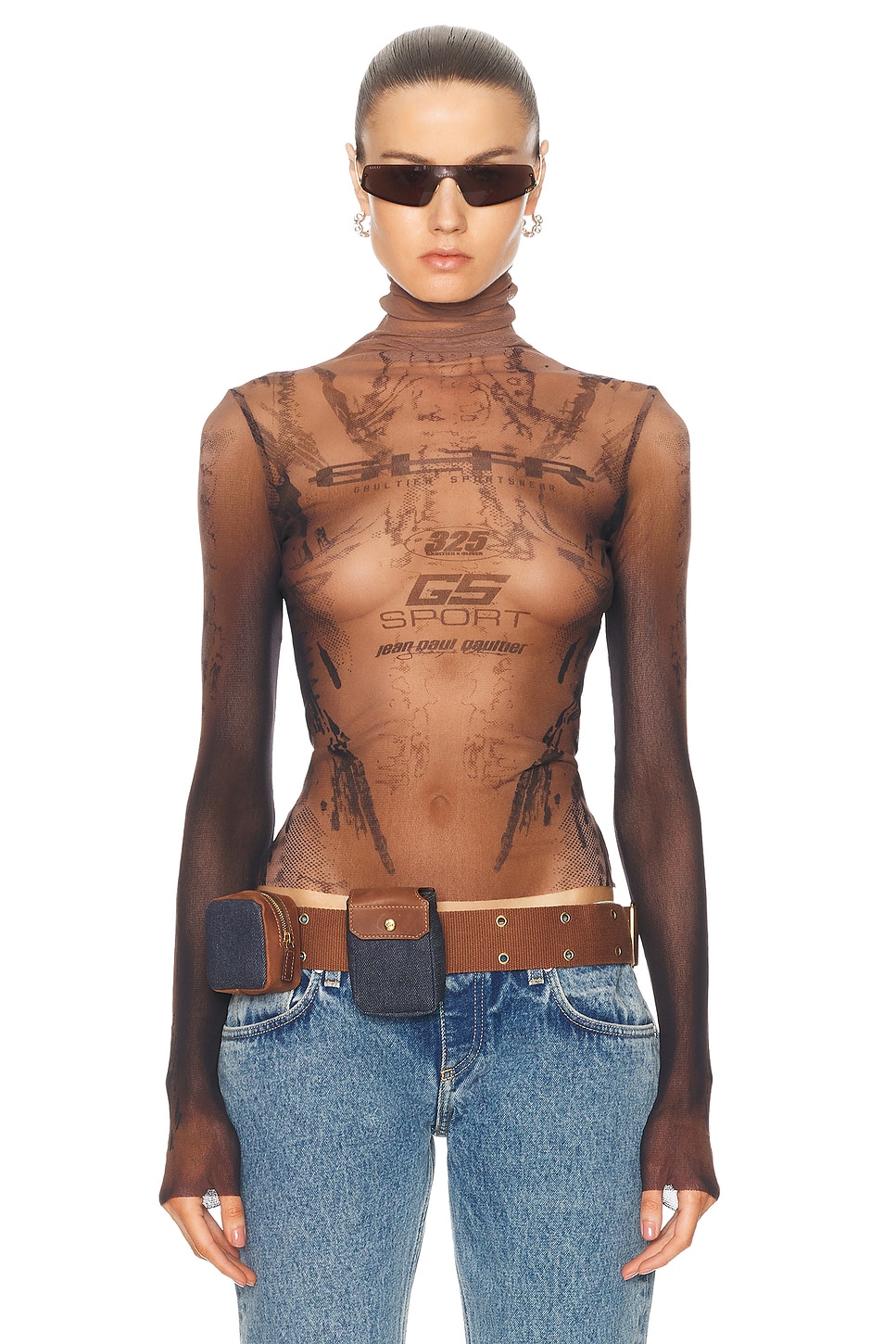 Image 1 of Jean Paul Gaultier X Shayne Oliver Mesh Body Turtleneck Top in Dark Nude & Black