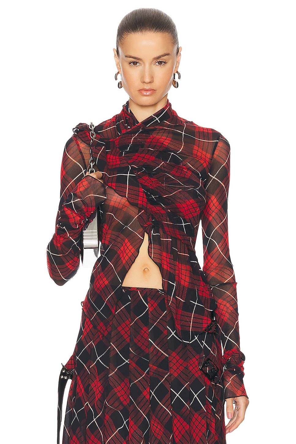 Shop Jean Paul Gaultier Distorted Tartan Long Sleeve Top In Red  Black  & White