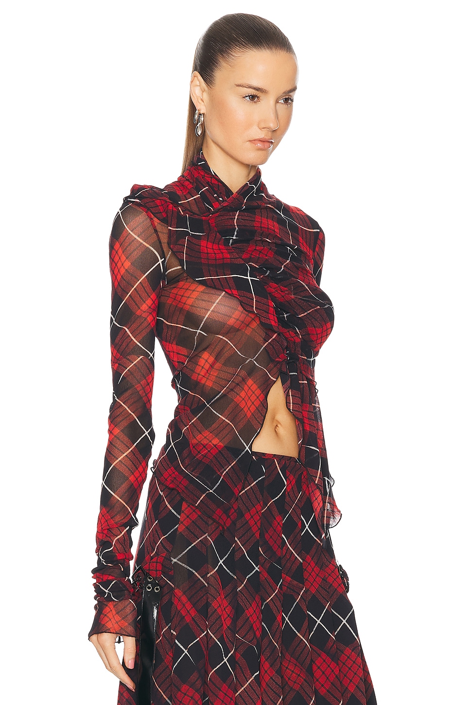 Shop Jean Paul Gaultier Distorted Tartan Long Sleeve Top In Red  Black  & White