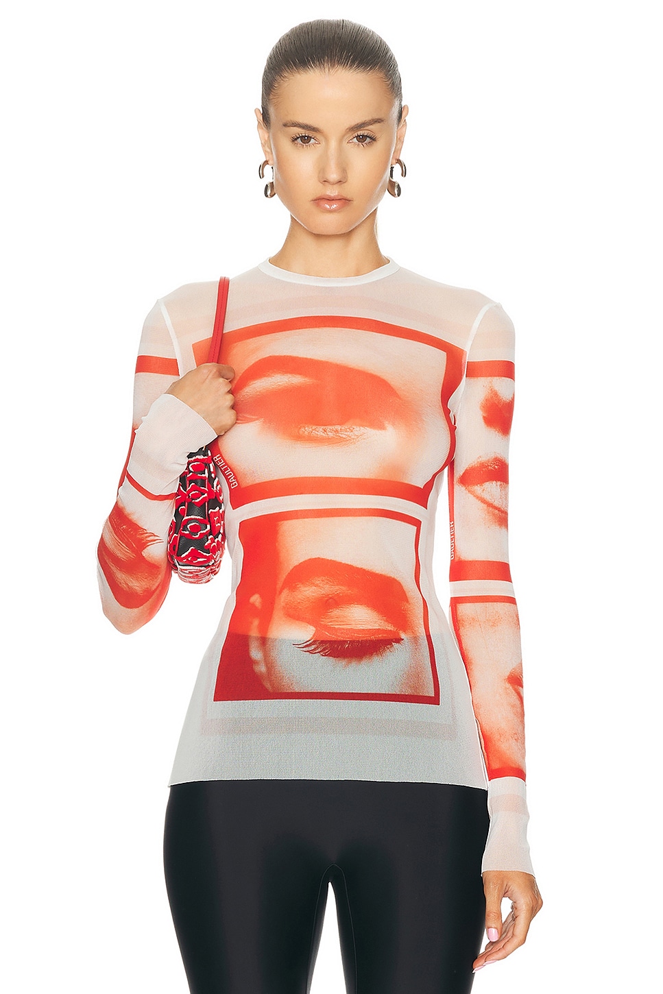 Image 1 of Jean Paul Gaultier Eyes And Lips Mesh Long Sleeve Printed Top in White, Red, & Light Orange