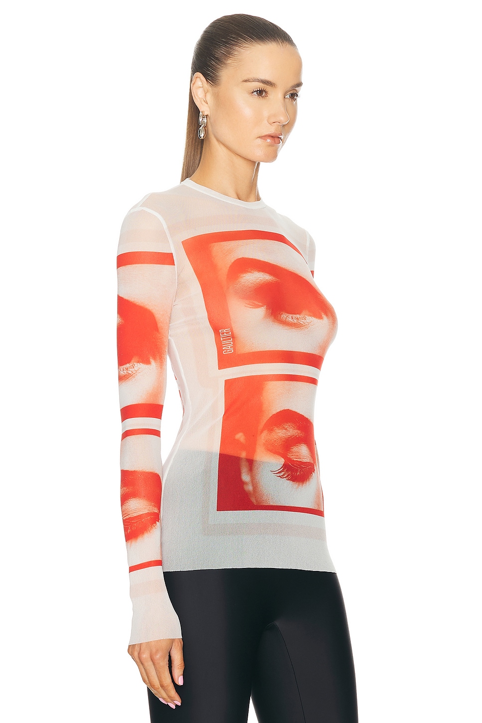 Shop Jean Paul Gaultier Eyes And Lips Mesh Long Sleeve Printed Top In White  Red  & Light Orange