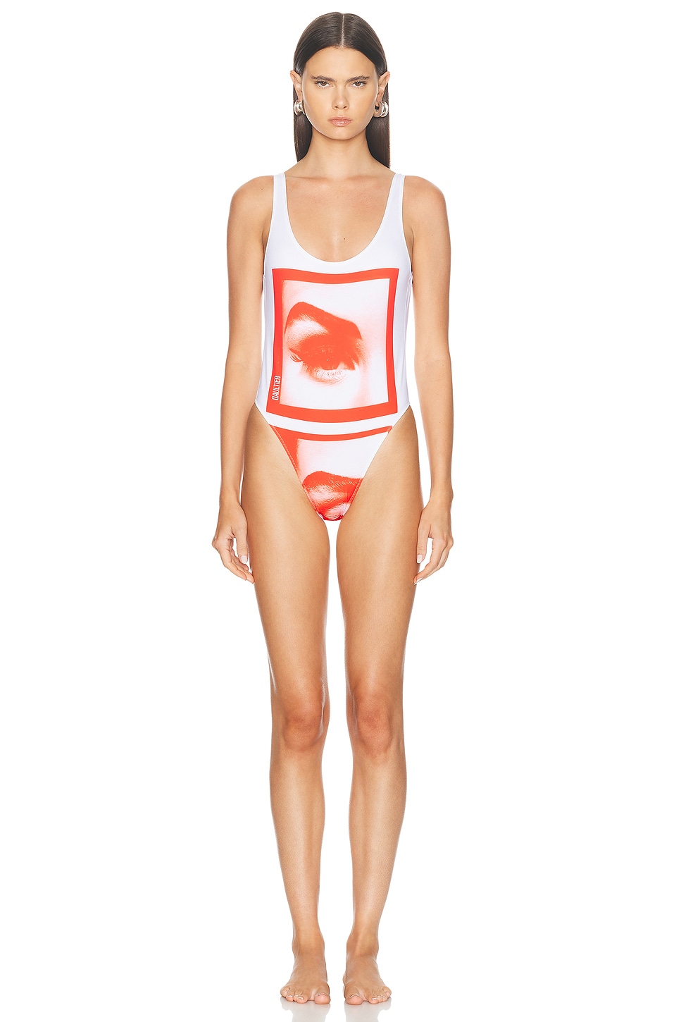 Image 1 of Jean Paul Gaultier Eyes Printed One Piece Swimsuit in White & Red