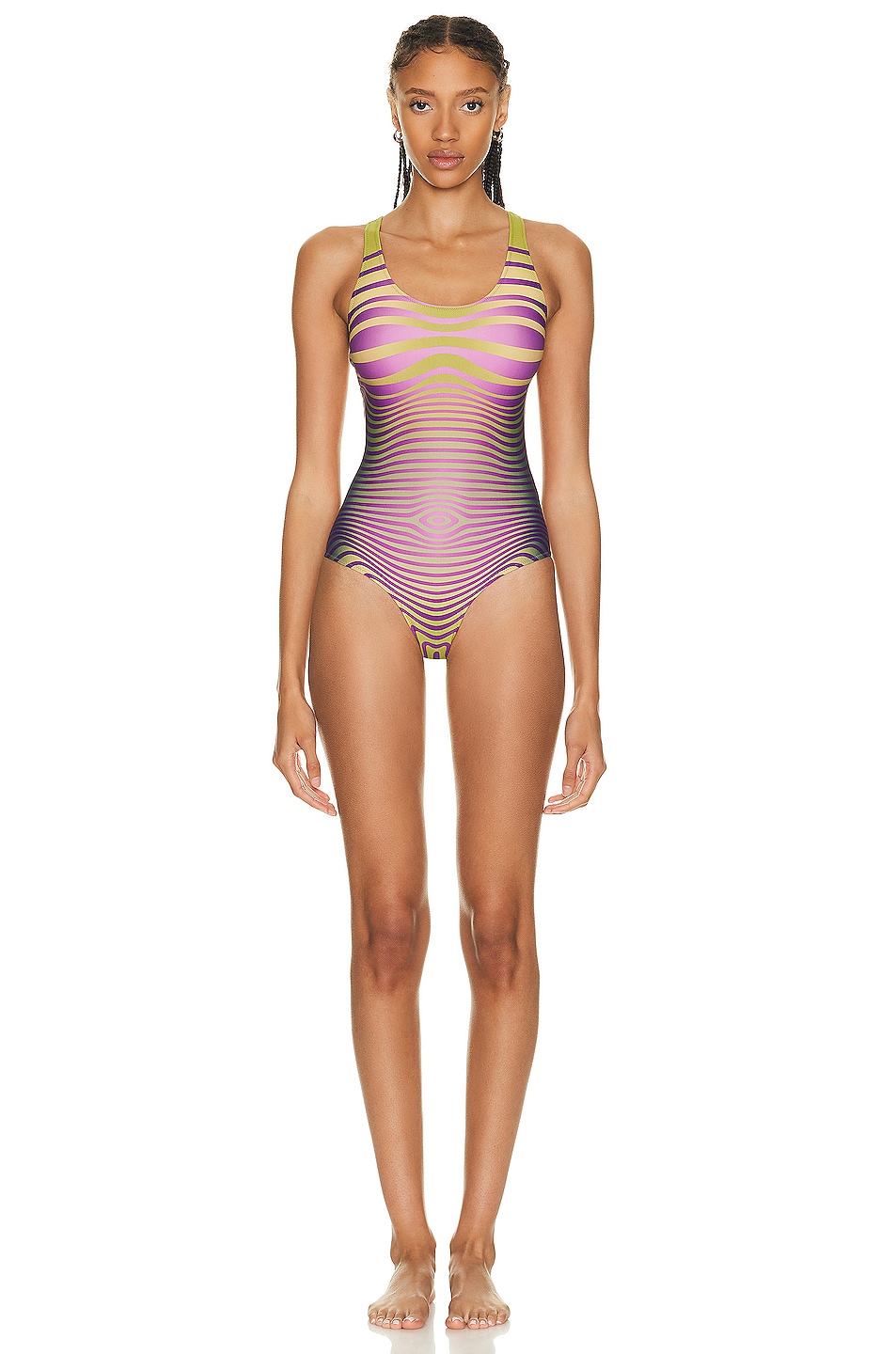 Image 1 of Jean Paul Gaultier Printed Morphing Stripes Swimsuit in Green & Purple