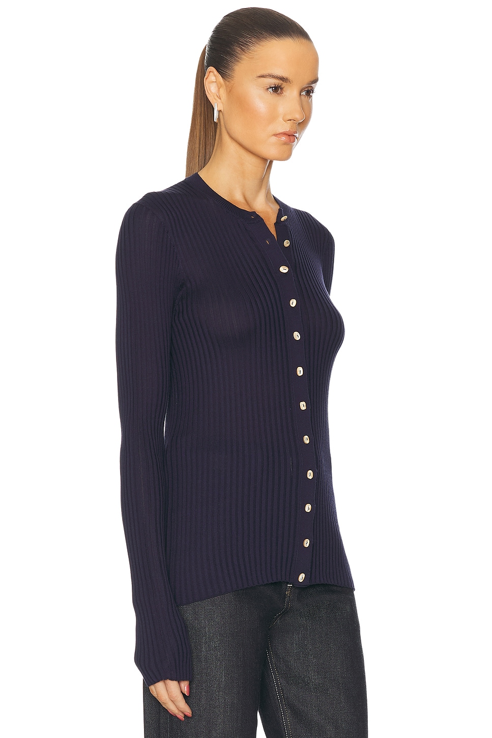 Jil Sander Silk Ribbed Crewneck Cardigan In Midnight