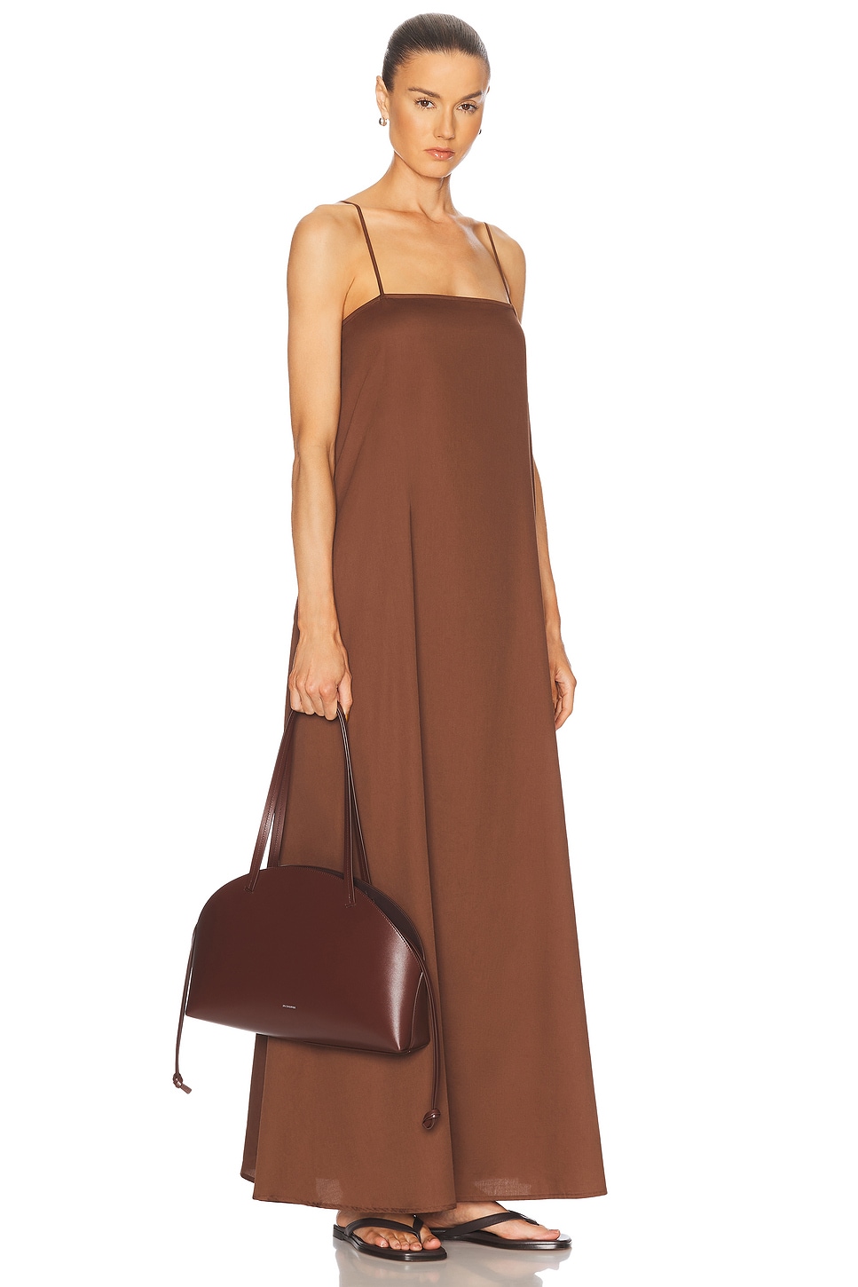 Jil Sander Chocolate Leather Medium Curve Shoulder Bag In Dark Earth