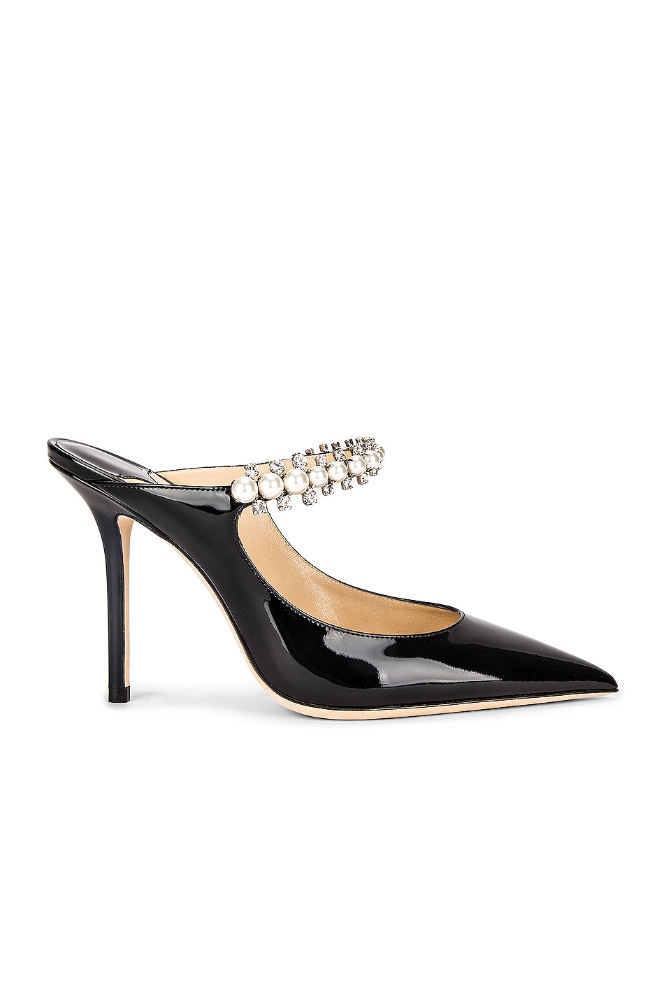 Image 1 of Jimmy Choo Bing 100 Patent with Crystal and Pearl Mule in Black & White