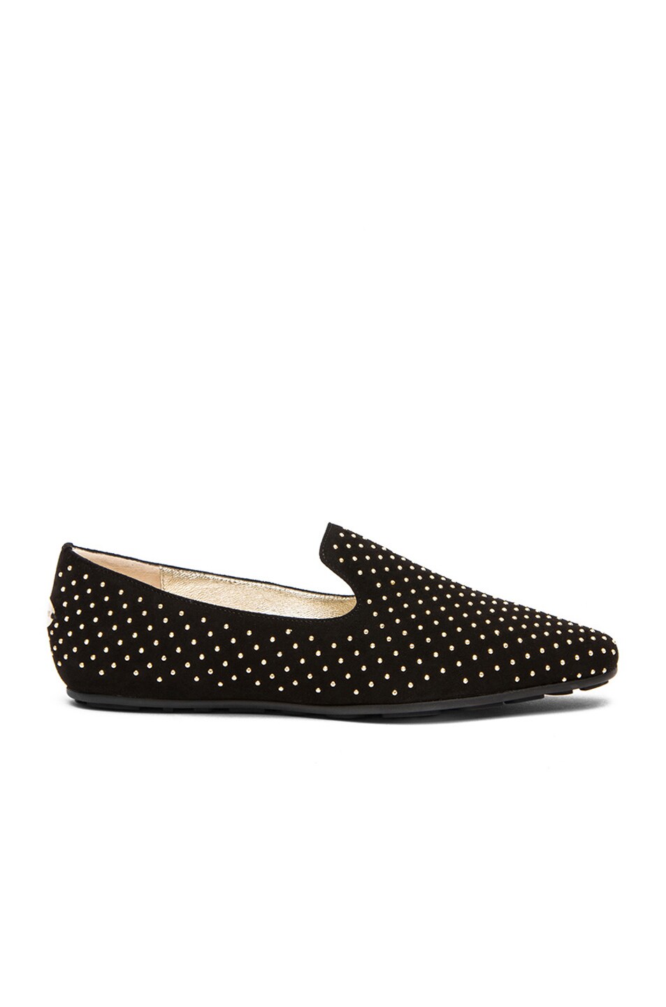 Image 1 of Jimmy Choo Wheel Suede Weekend Studded Flats in Black & Gold