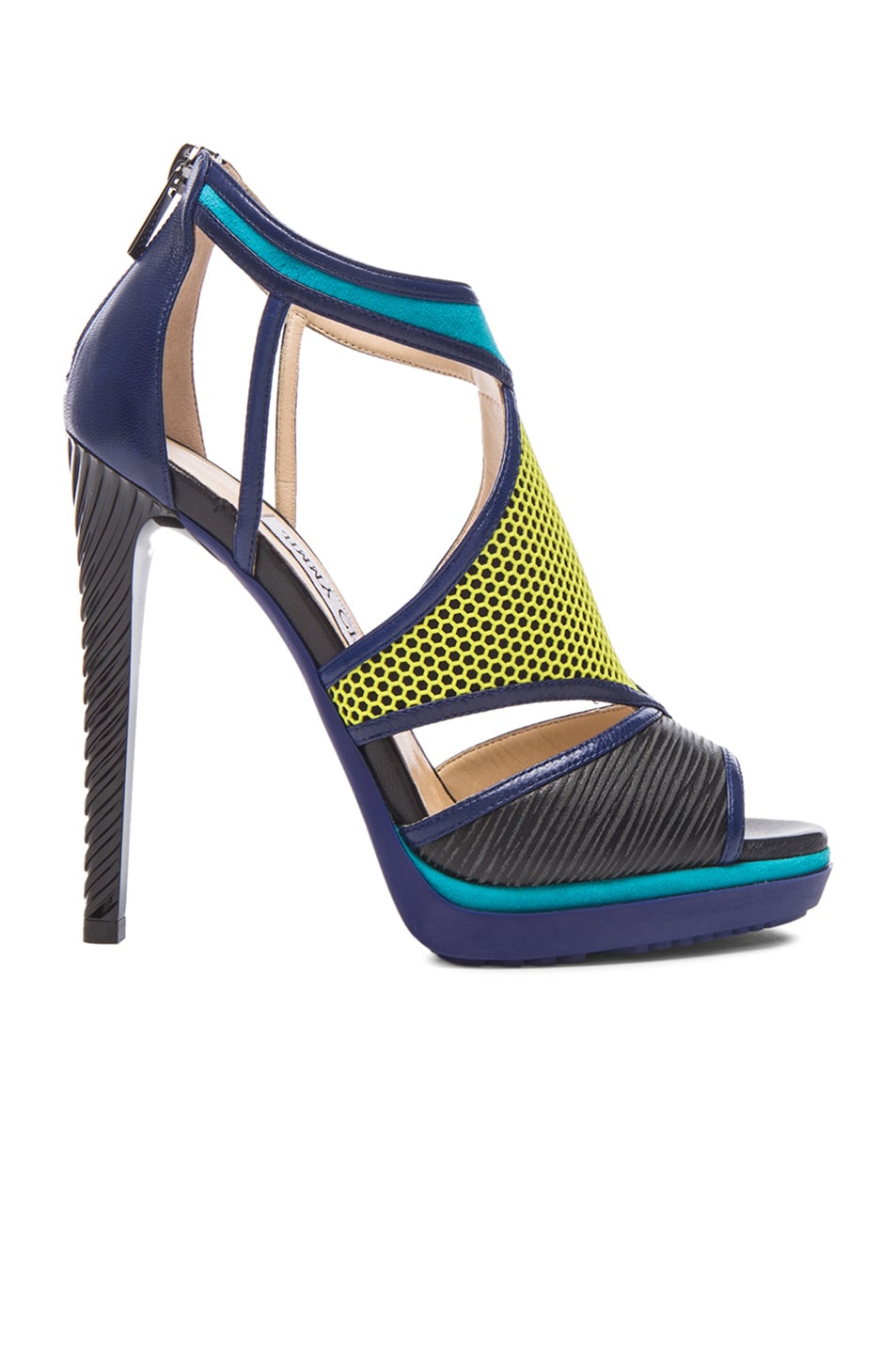 Image 1 of Jimmy Choo Lythe Leather Heels in Acid Yellow, Black & Turquoise