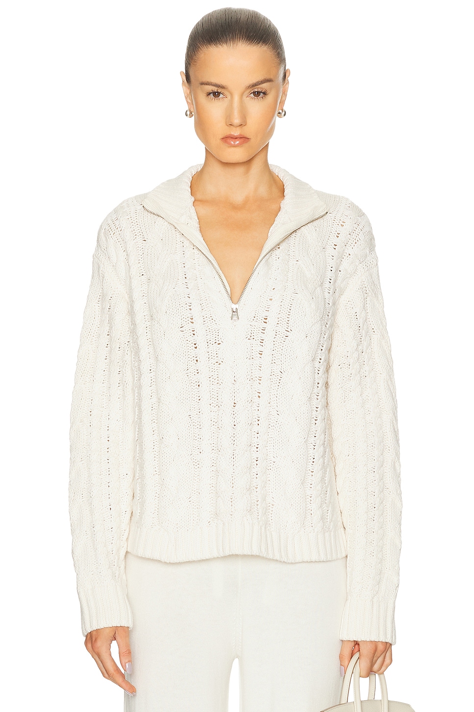 Cotton Cable Half Zip Sweater in Ivory