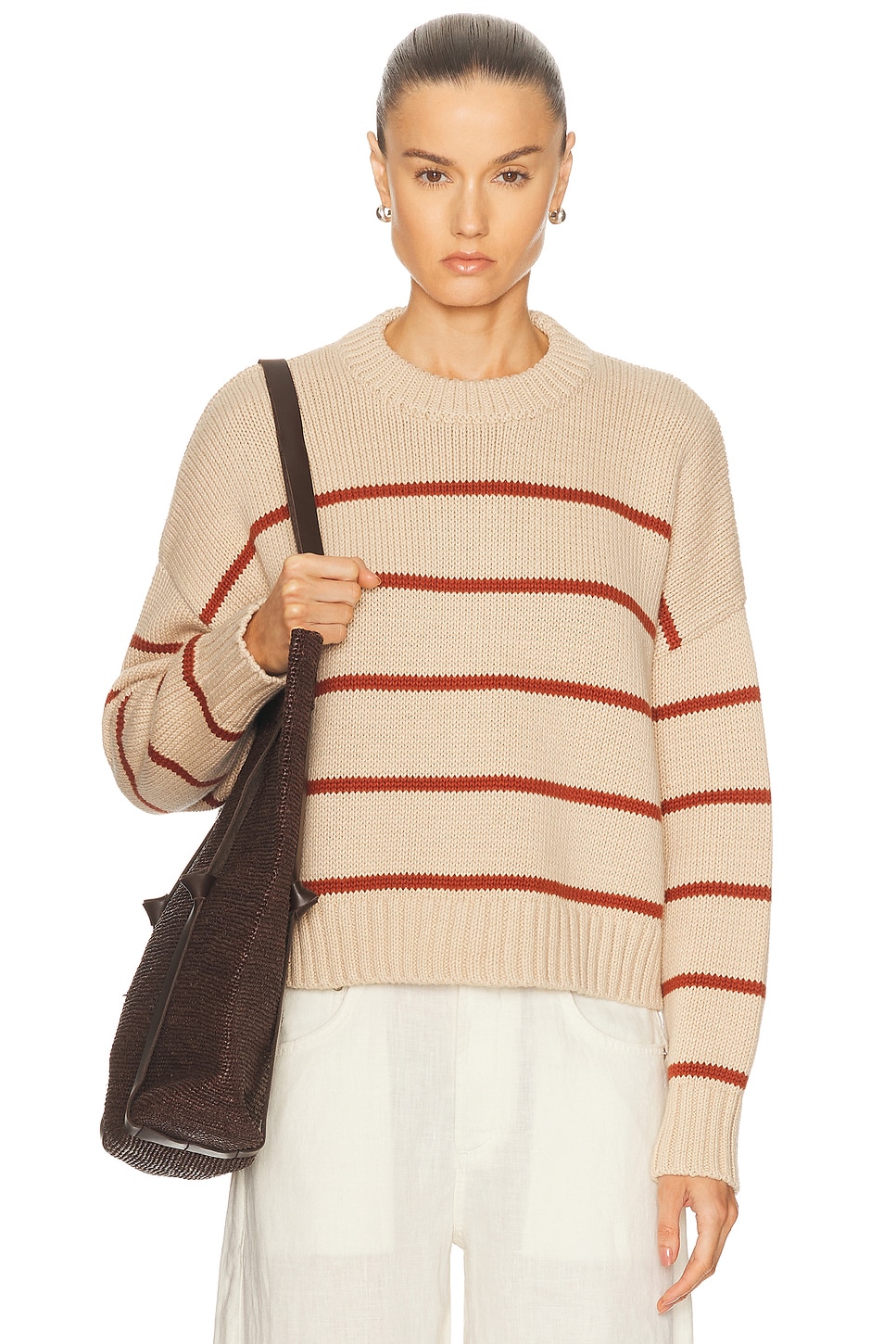 Image 1 of Jenni Kayne Chloe Crewneck Sweater in Oat & Coral Stripe
