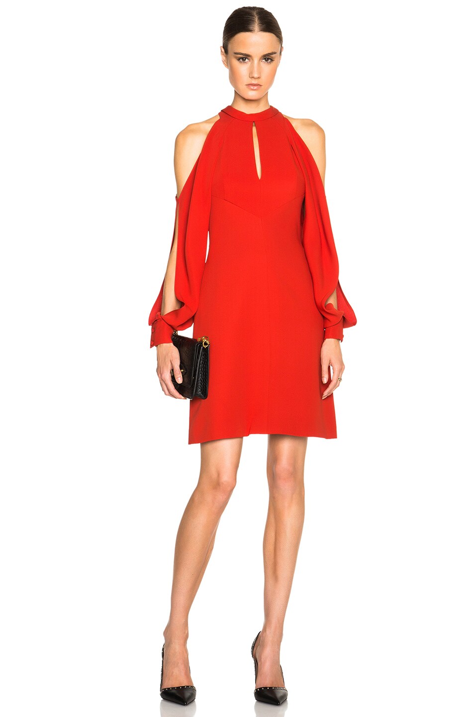 Image 1 of J. Mendel Crepe High Neck Cutaway Sleeves Dress in Spicy Red