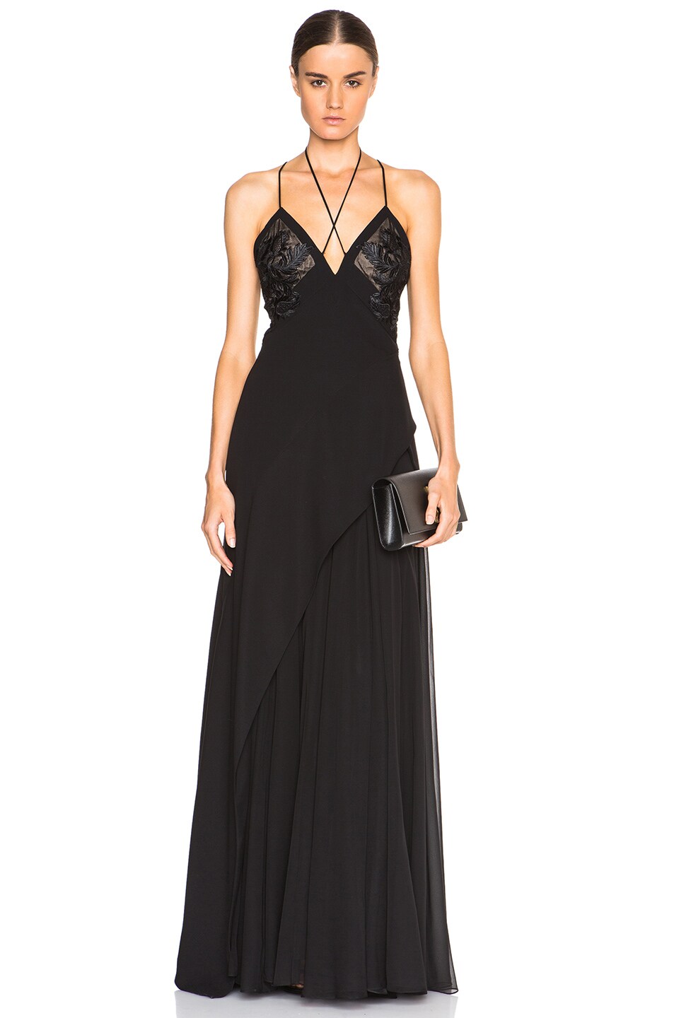 Image 1 of J. Mendel Crepe Negligee Gown with Lace Applique in Black