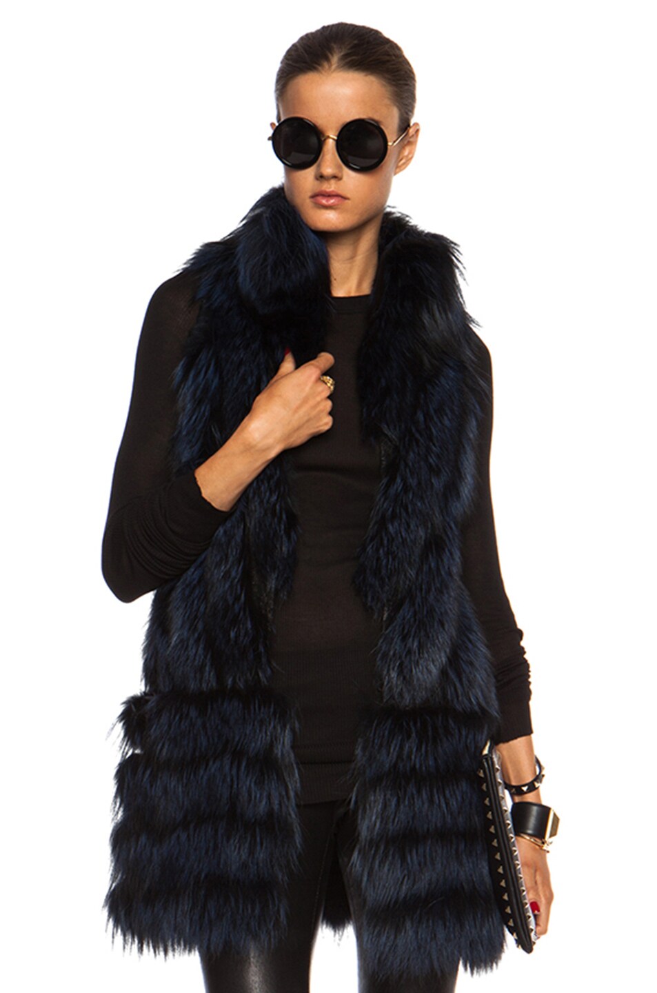 Image 1 of J. Mendel Silver Fox Vest with Lace in Navy Blue