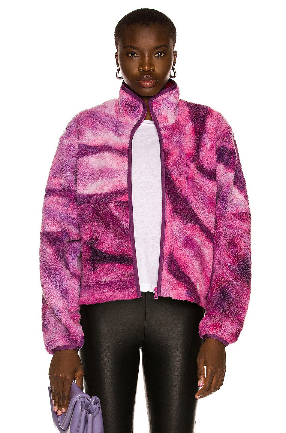 Image 1 of JOHN ELLIOTT Patchwork Tie Dye Polar Fleece Zip Up Jacket in Cosmos & Prism
