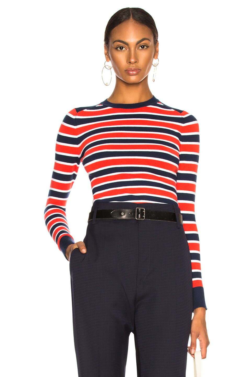 Image 1 of JoosTricot Bodycon Long Sleeve Crew Neck Sweater in Marine Stripe