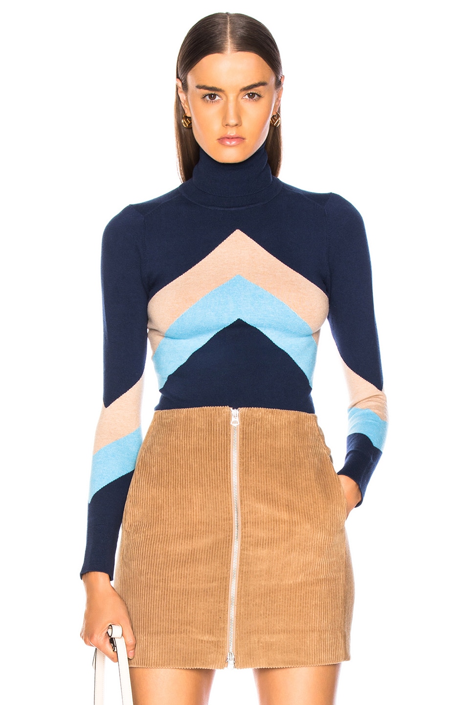 Image 1 of JoosTricot Bodycon Long Sleeve Turtle Neck in Navy, Camel & Halcyon Chevron