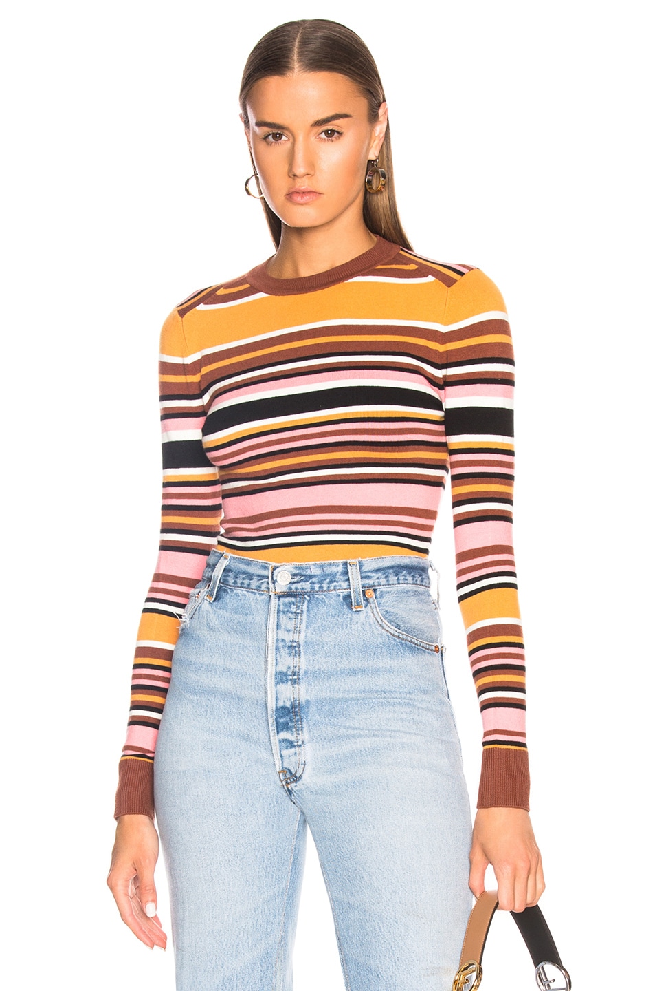 Image 1 of JoosTricot Bodycon Striped Crew Neck Sweater in Praline & Pink Vintage Stripes