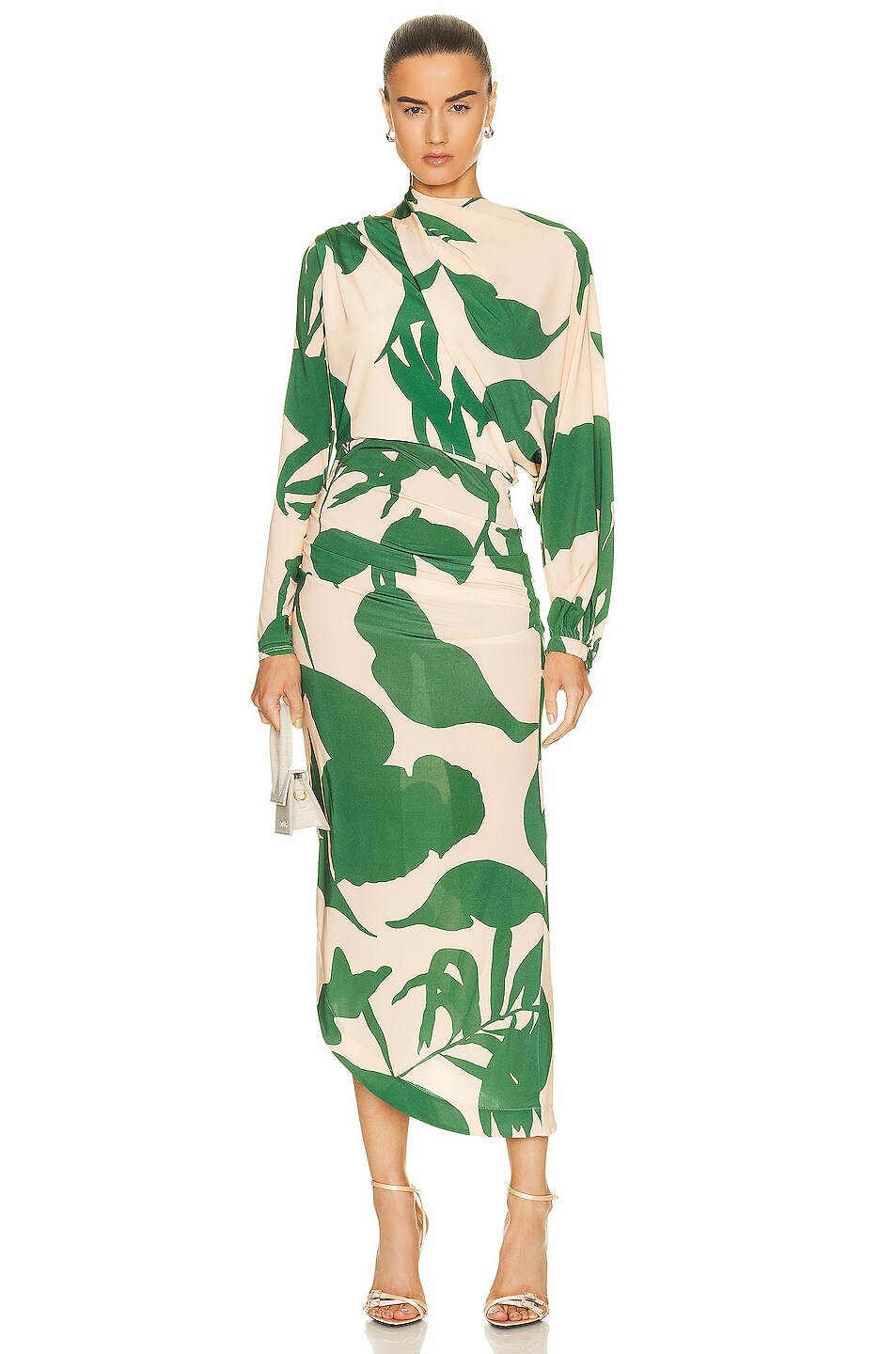 Image 1 of Johanna Ortiz Jersey Long Sleeve Gown in Honey Peach & Emerald