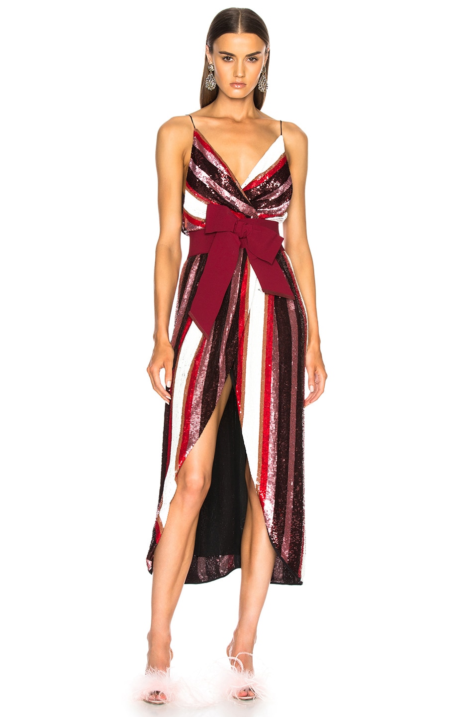 Image 1 of Johanna Ortiz Huckleberry Sequined Dress with Belt in Red Sunset Stripes