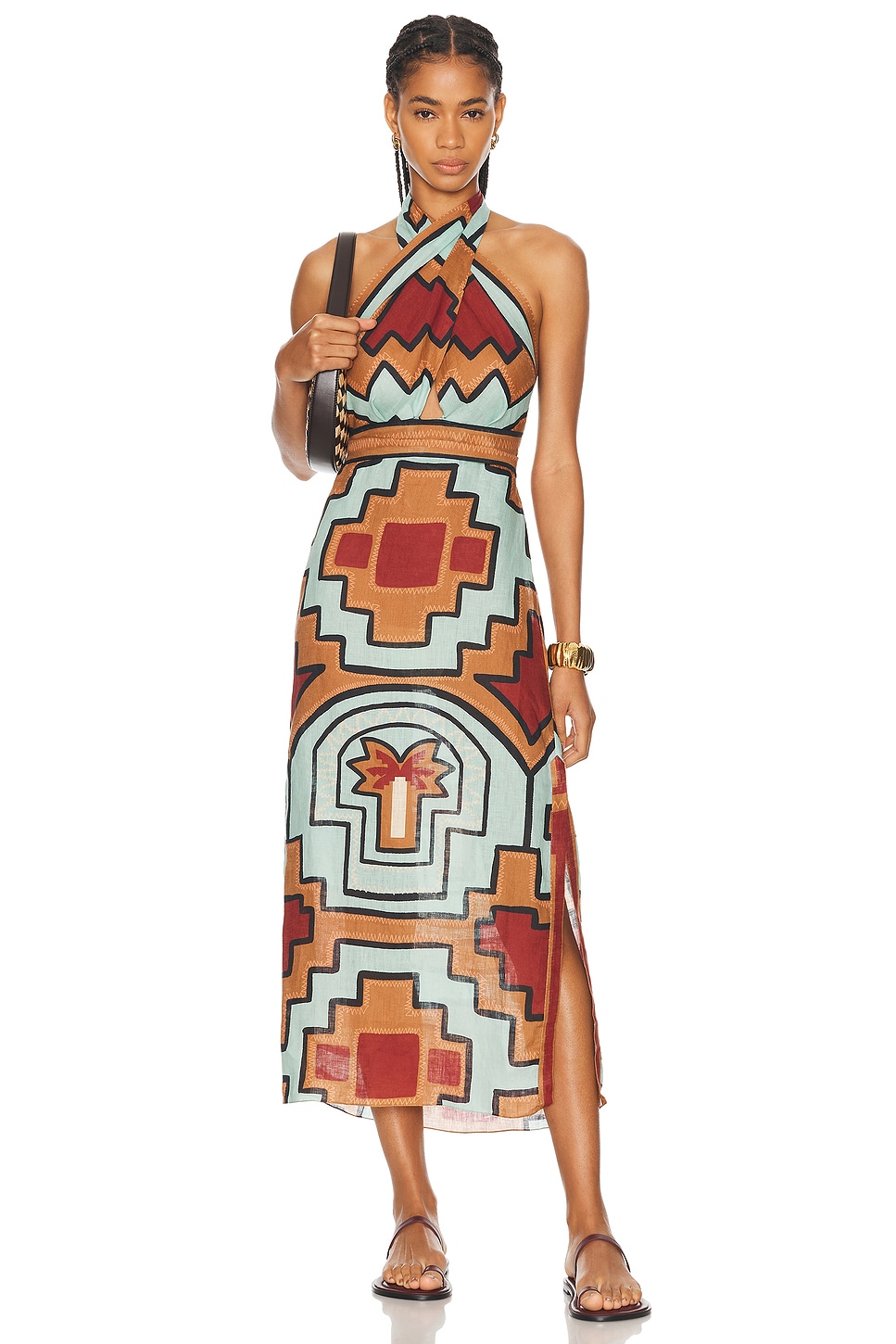 Image 1 of Johanna Ortiz Energetic Patterns Ankle Dress in Shipibo & The Tropics Brown, Mint, & Terracotta