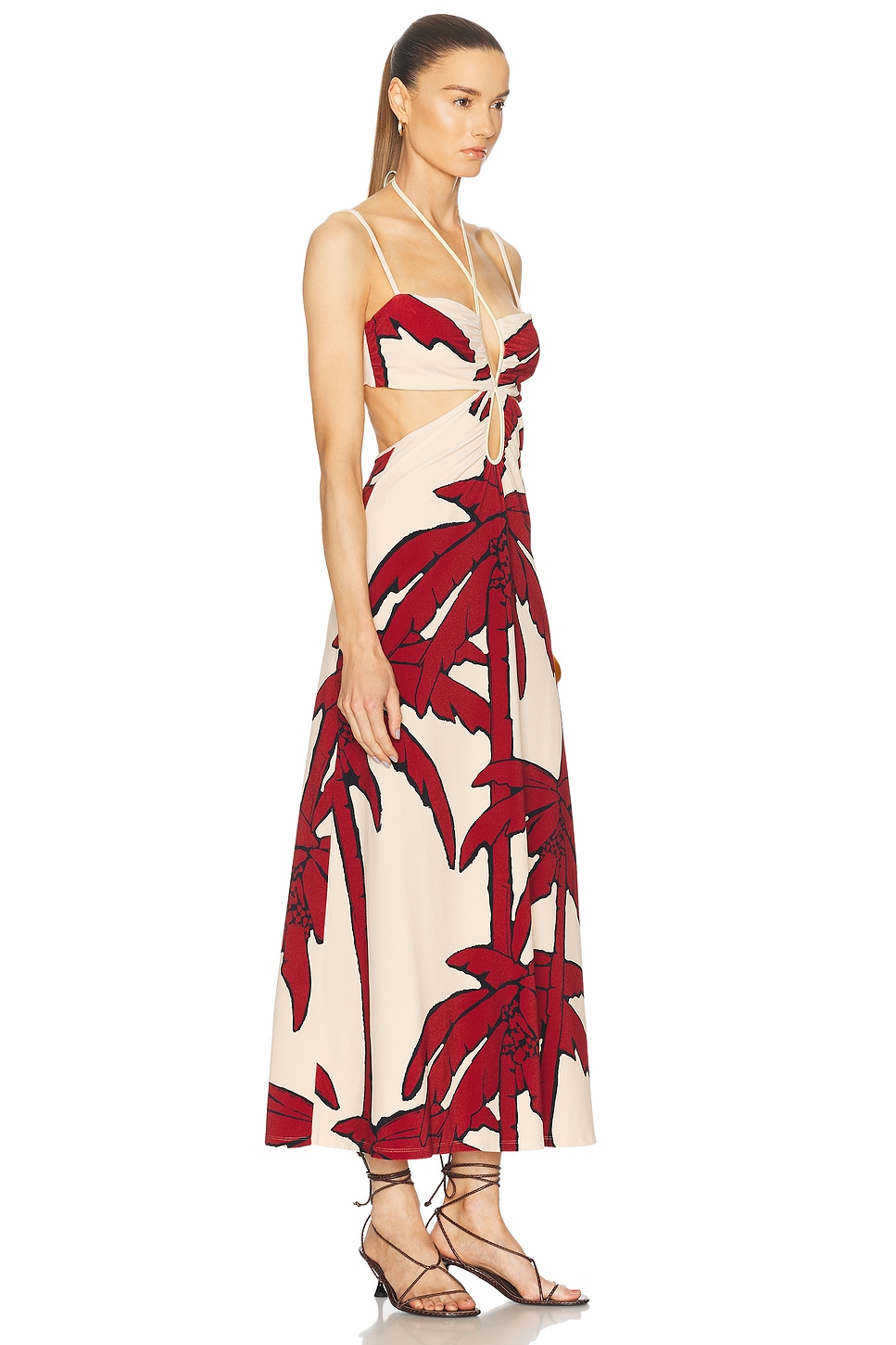 Johanna Ortiz Wedge Weave Embellished Silk Maxi Dress In Salty Palms Ecru & Red