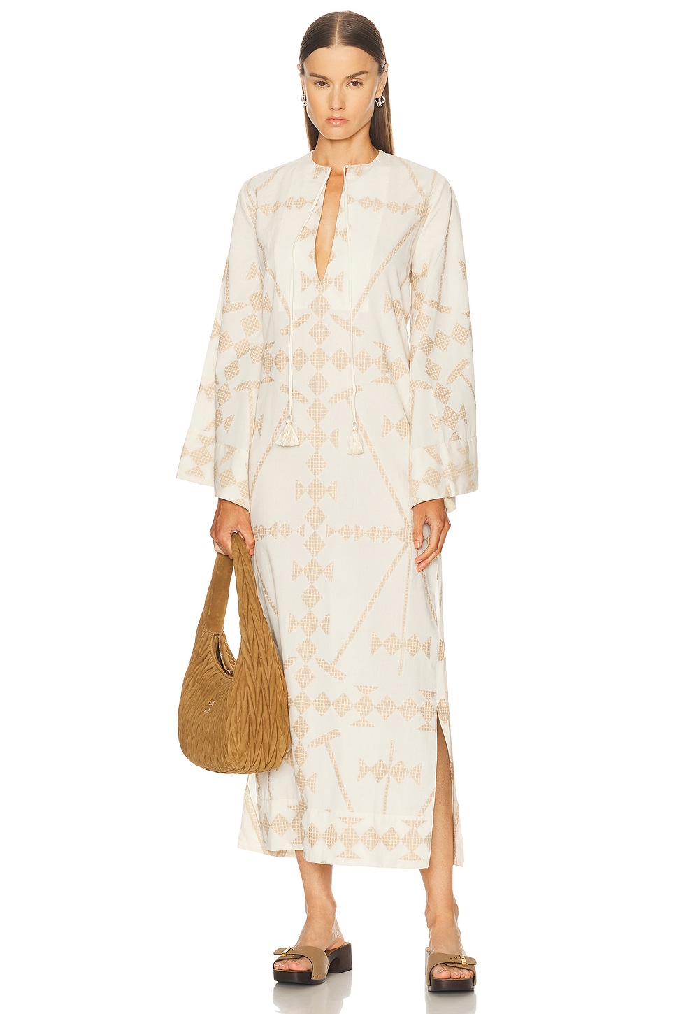 Image 1 of Johanna Ortiz Embroidered Cotton Wild Savannah Tunic Dress in Ecru & Sand