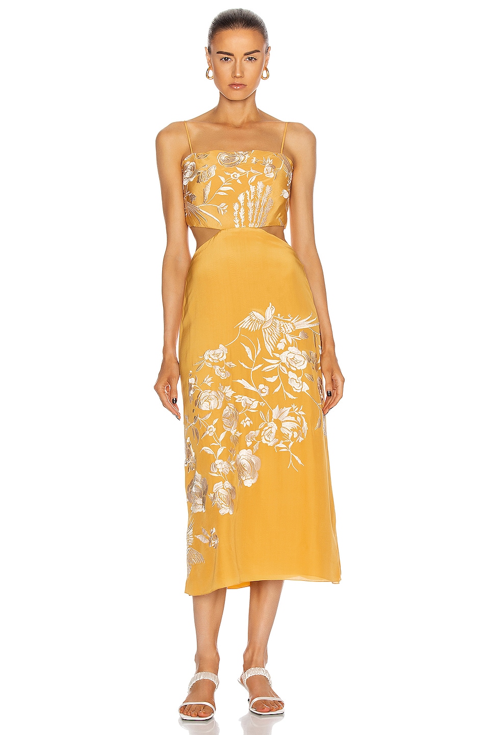 Image 1 of Johanna Ortiz Moon Whispers Embroidered Midi Dress in Yellow Ochre