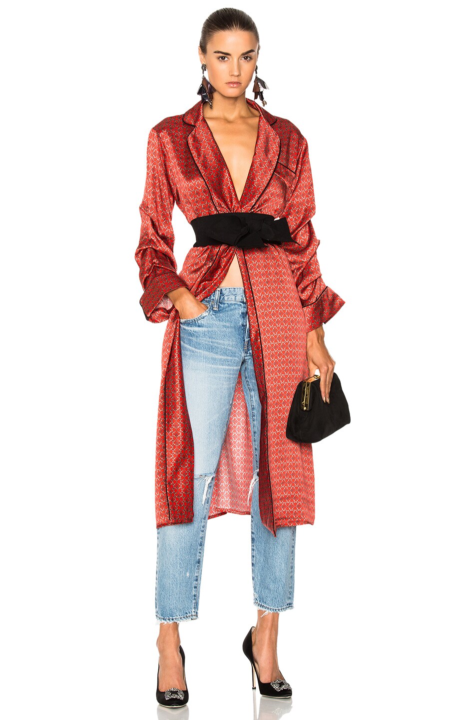 Image 1 of Johanna Ortiz Infante Printed Silk Satin Kimono with Belt in Lava Red & Sand Desert Tiles