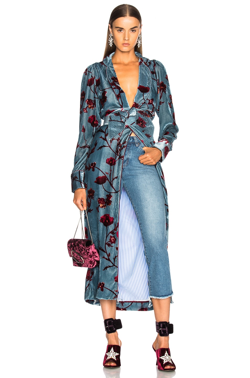 Image 1 of Johanna Ortiz Florari Printed Silk Rayon Velvet Belted Kimono in Blue