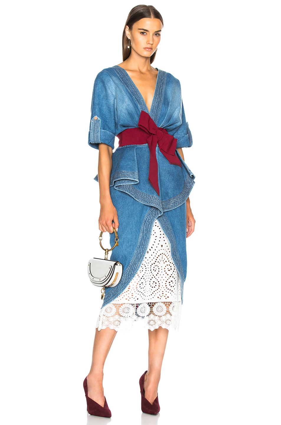 Image 1 of Johanna Ortiz Nuevo Mexicana Cotton Denim Trench Coat with Belt and Underskirt in Agave Washed Blue Denim