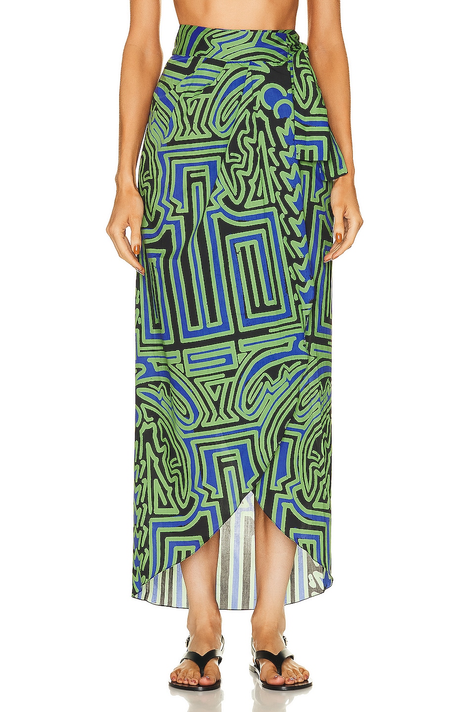 Image 1 of Johanna Ortiz Dialecto Tropical Wrap Skirt in Toile Black, Neon Greenery, & Blue