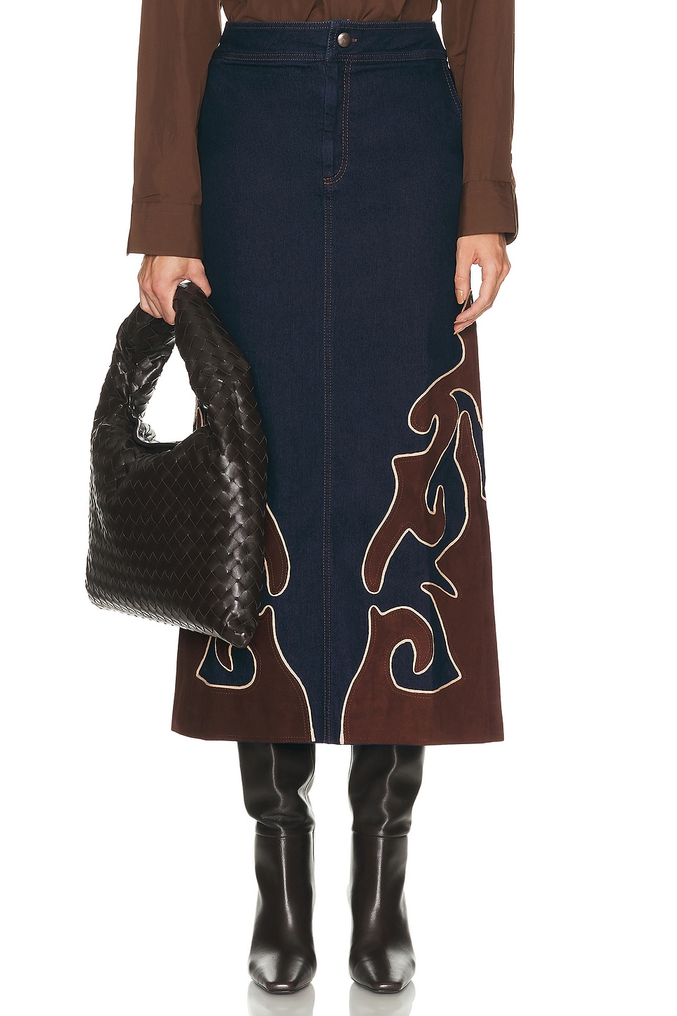 Image 1 of Johanna Ortiz Time On My Side Midi Skirt in Denim & Chocolate