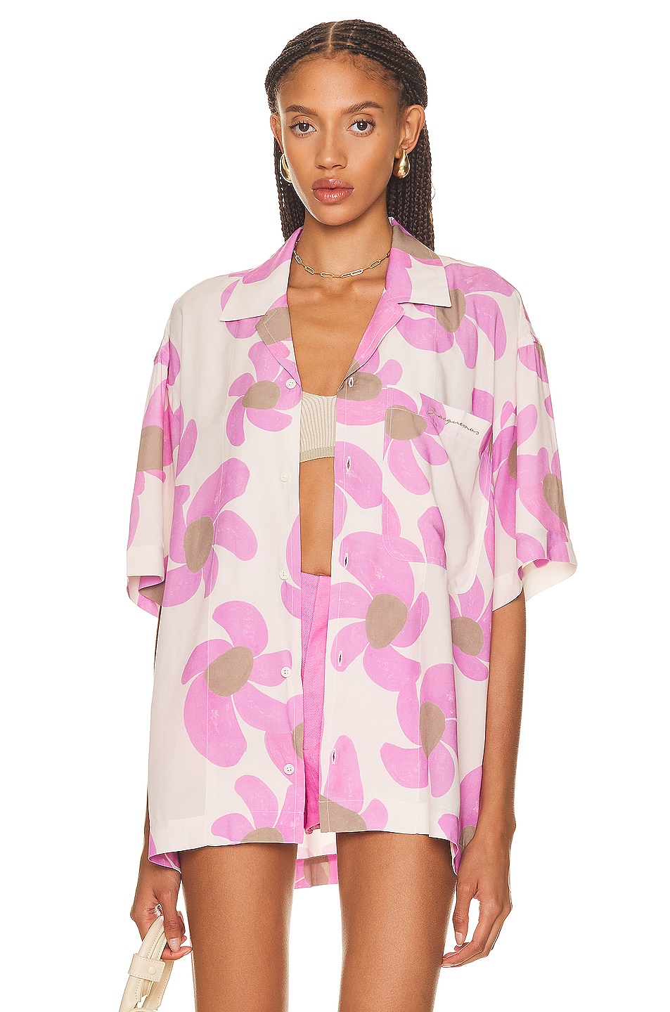 Image 1 of JACQUEMUS La Chemise Jean in Print Pink Flowers