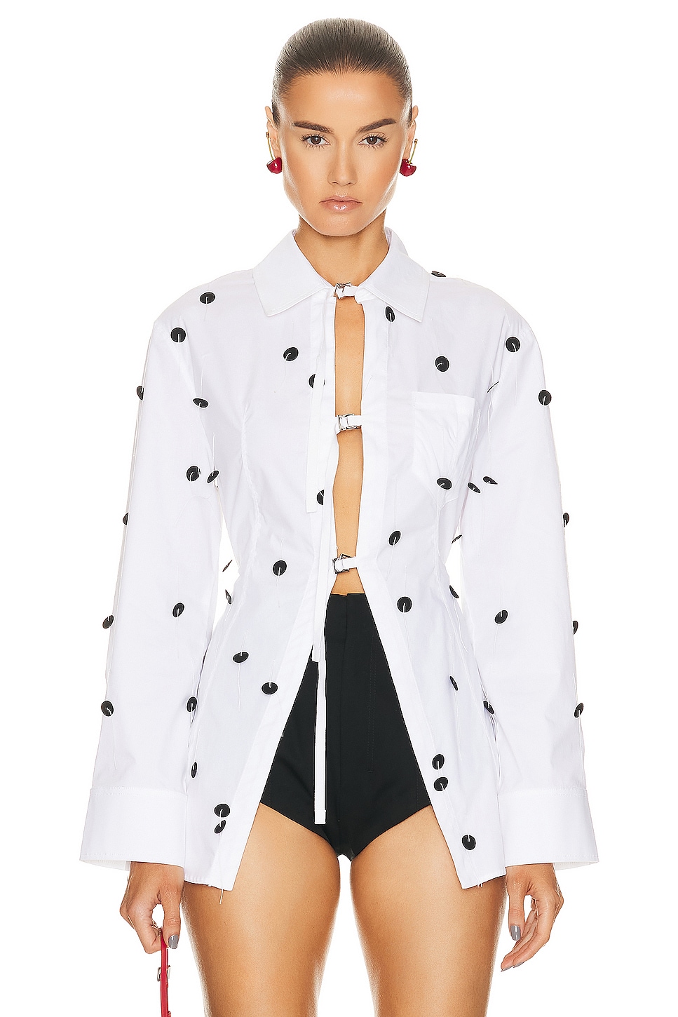 Image 1 of JACQUEMUS La Chemise Lavoir Brodee Top in White & Black Dots