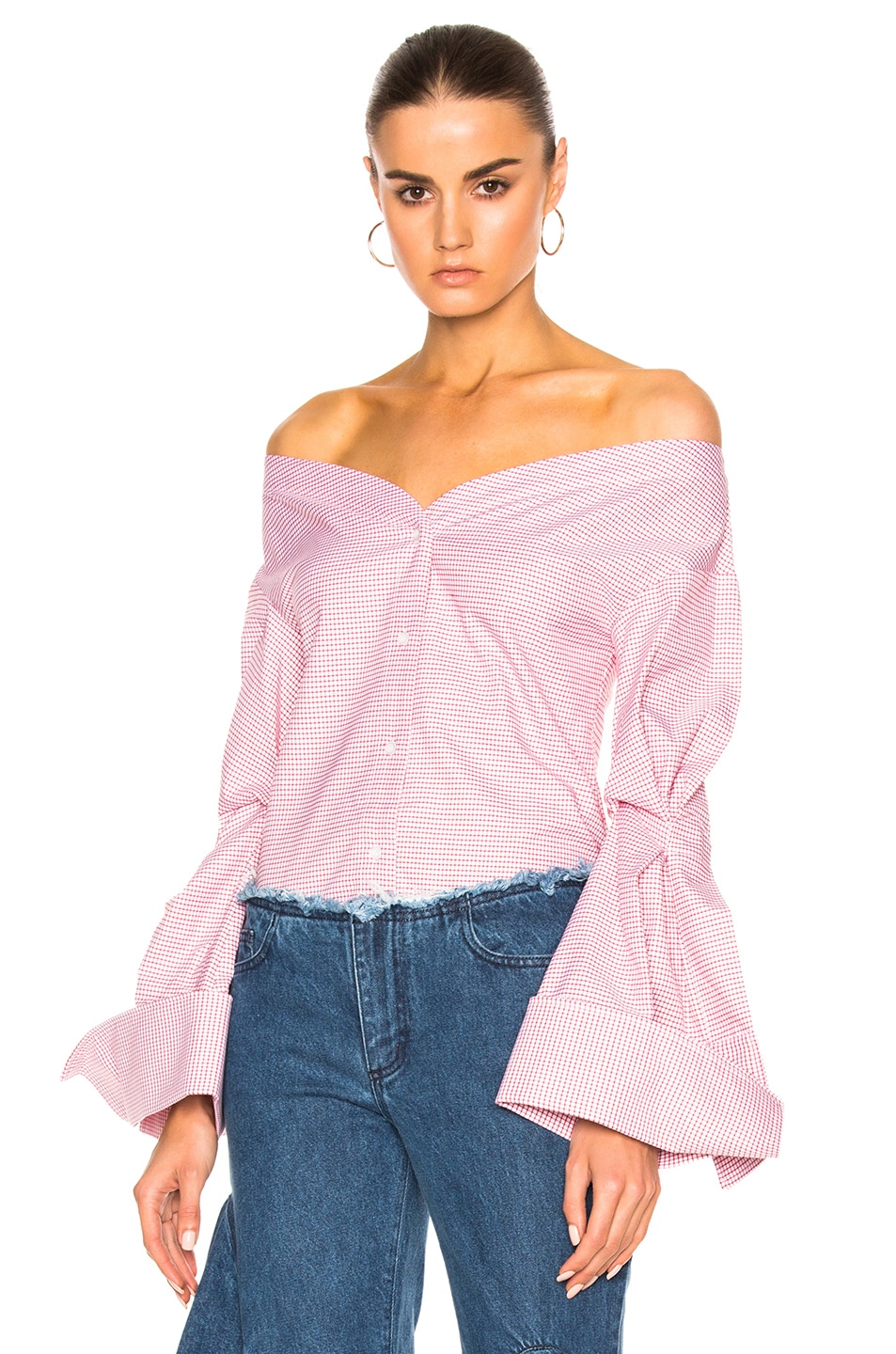 Image 1 of JACQUEMUS Off The Shoulder V-Neck Top in Red Check