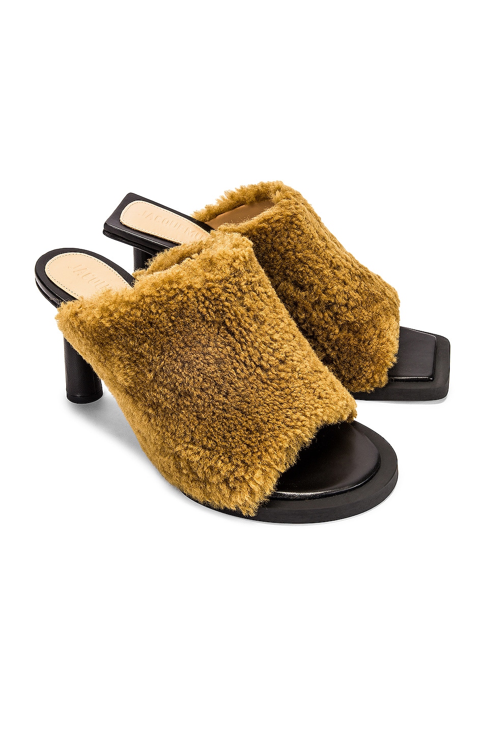 Image 1 of JACQUEMUS Les Mules Carre Rond in Khaki Shearling