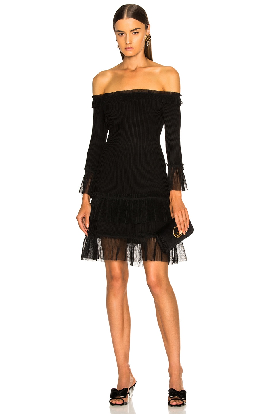 Image 1 of SIMKHAI Pleated Off Shoulder Fit and Flare Dress in Black