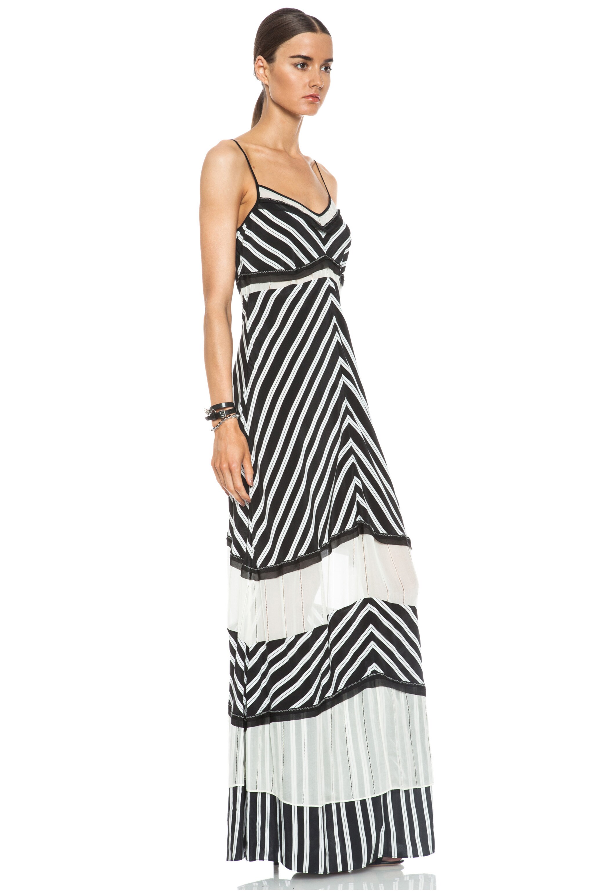 JONATHAN SIMKHAI Chevron Stripe Silk Dress in Black & White | FWRD