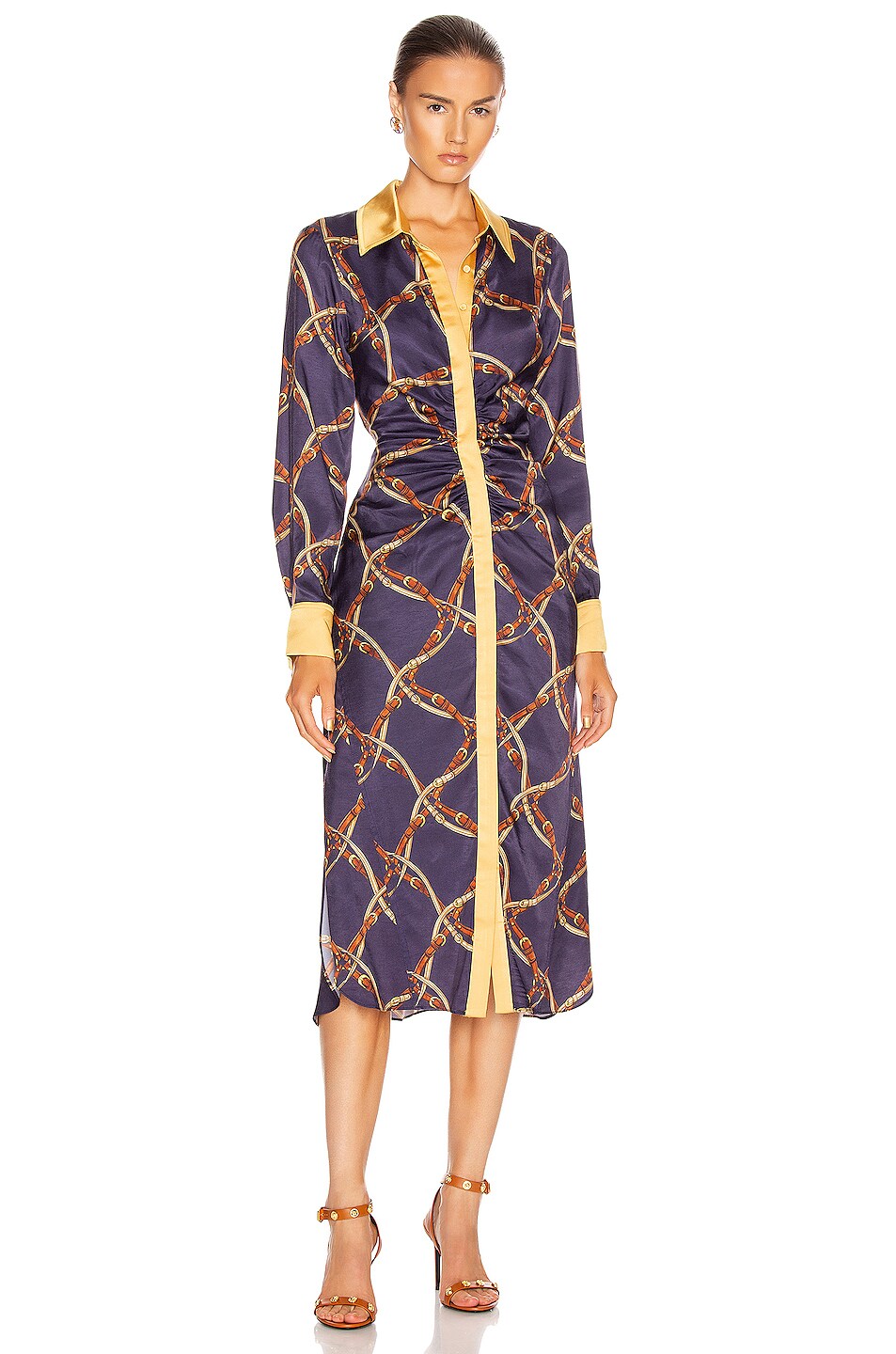 Image 1 of SIMKHAI Saddle Print Ruched Shirt Dress in Midnight Combo