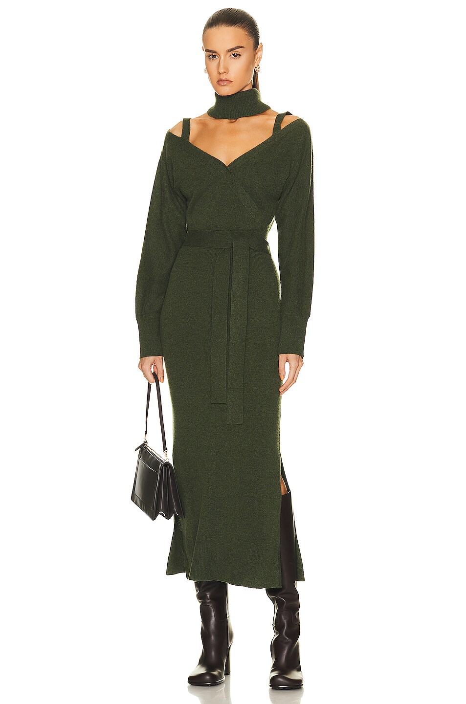 Image 1 of SIMKHAI Astred Recycled Cashmere Off The Shoulder Turtleneck Midi Dress in Hunter Green