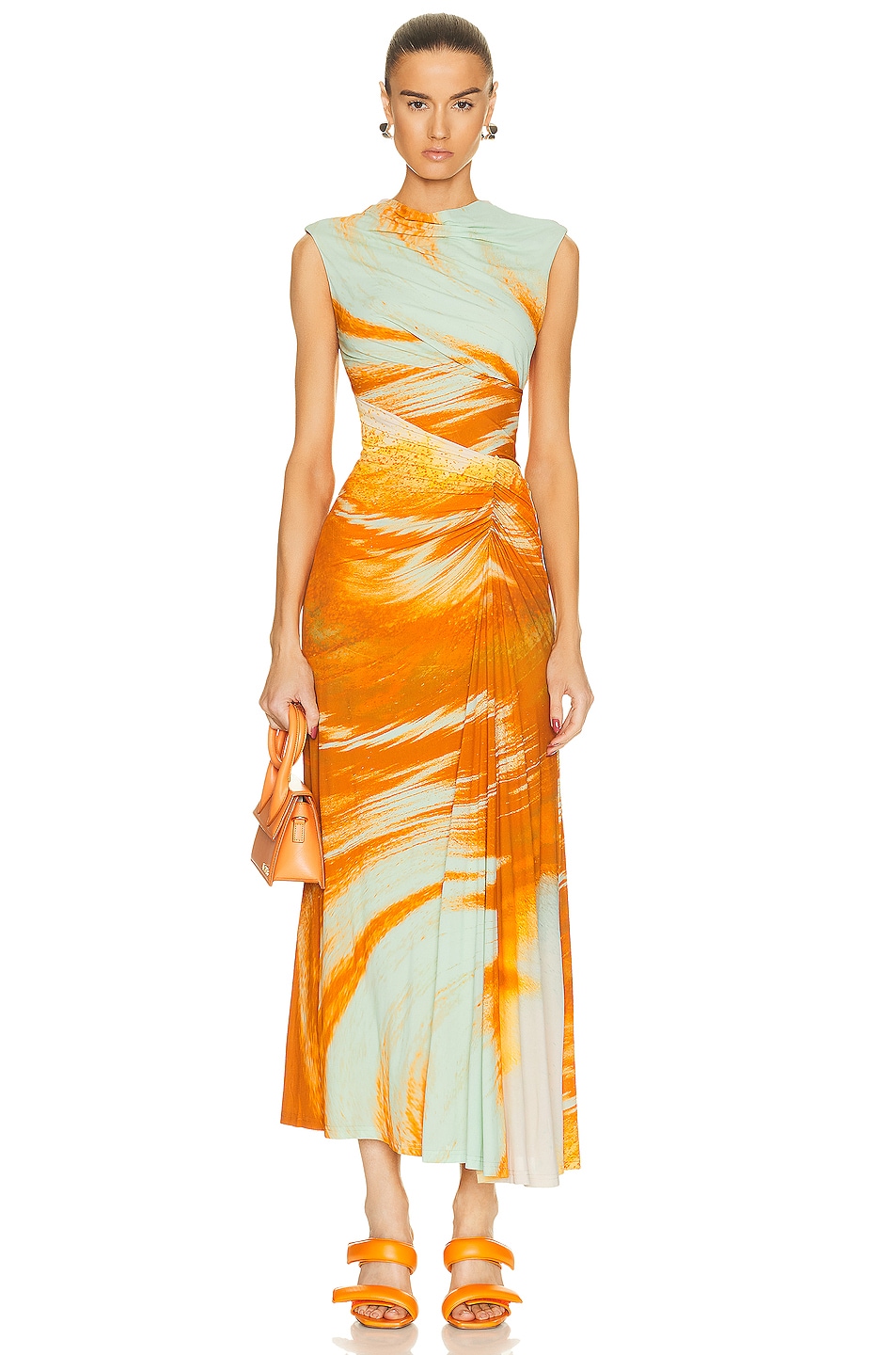 Image 1 of SIMKHAI Acacia Marble Printed High Neck Ruched Midi Dress in Masala Marble Print