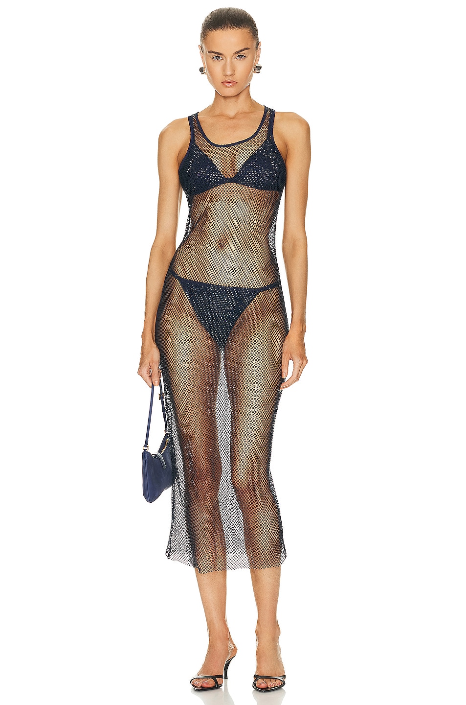 SIMKHAI Fergie Crystal Mesh Tank Dress in Midnight FWRD