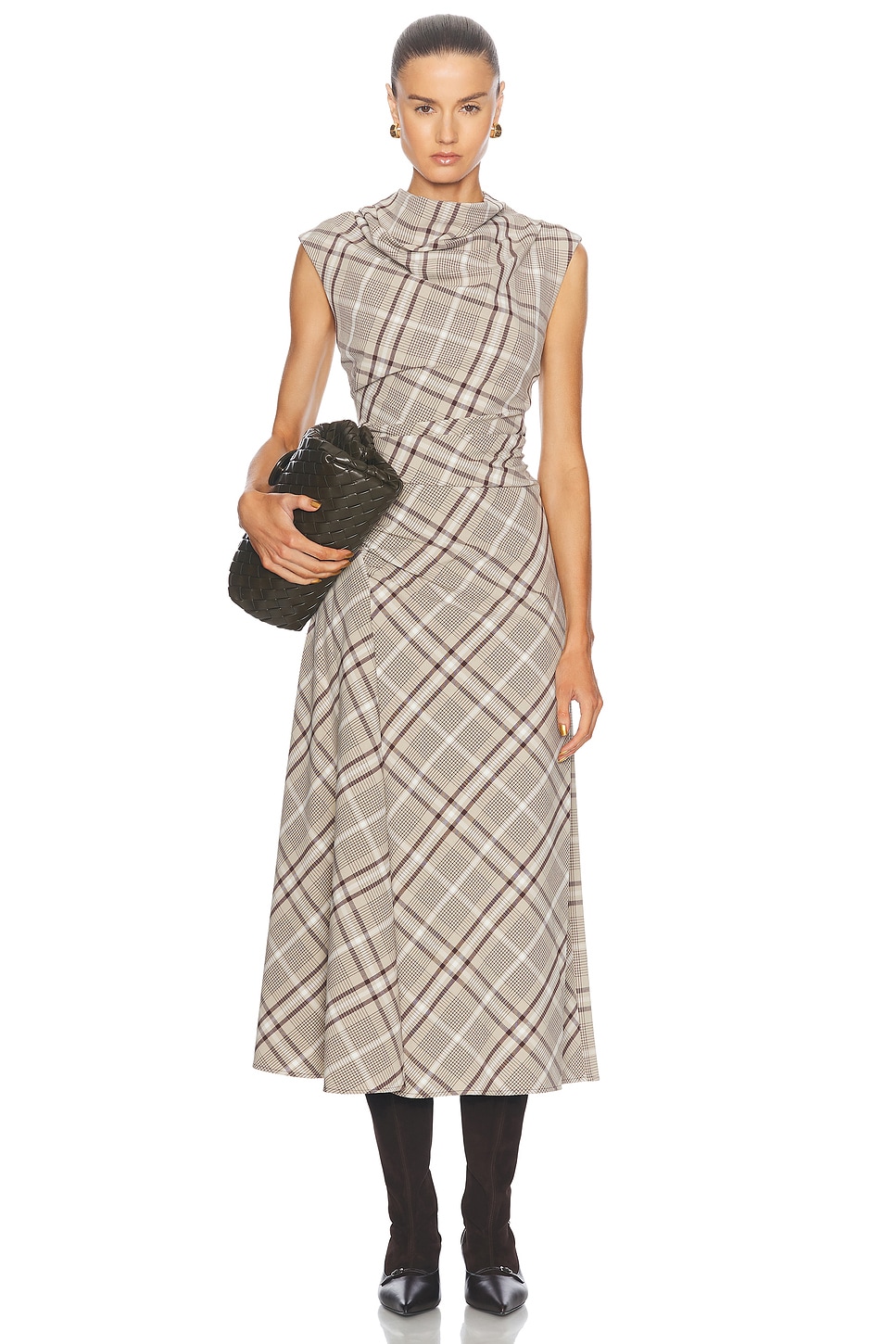 Image 1 of SIMKHAI Burke Draped Midi Dress in Sand Plaid