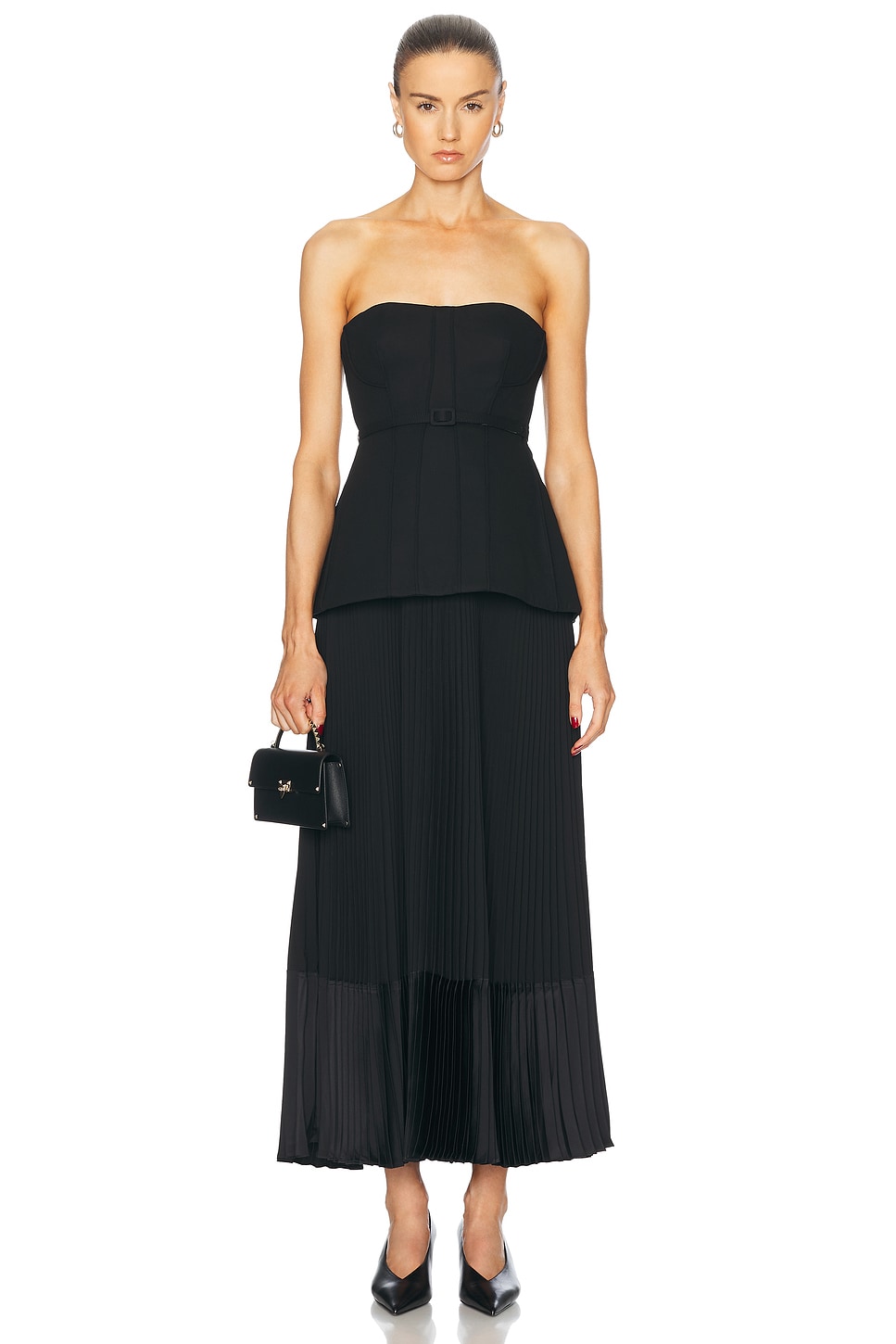 Prisca Belted Bustier Tea Length Dress in Black