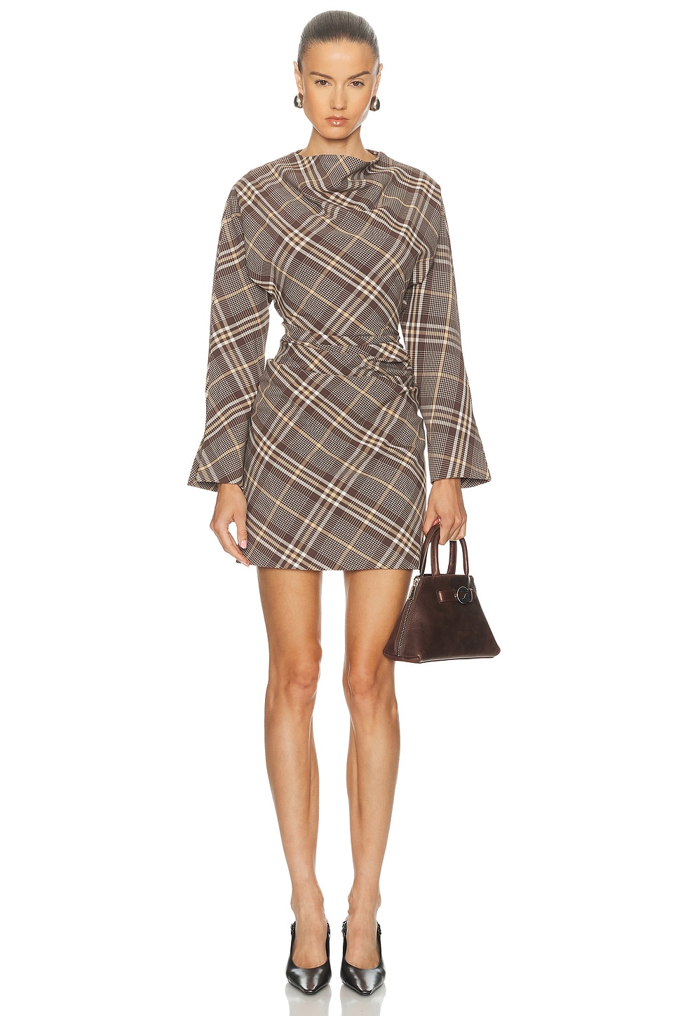 Image 1 of SIMKHAI Harpor Longsleeve Mini Dress in Chocolate Plaid