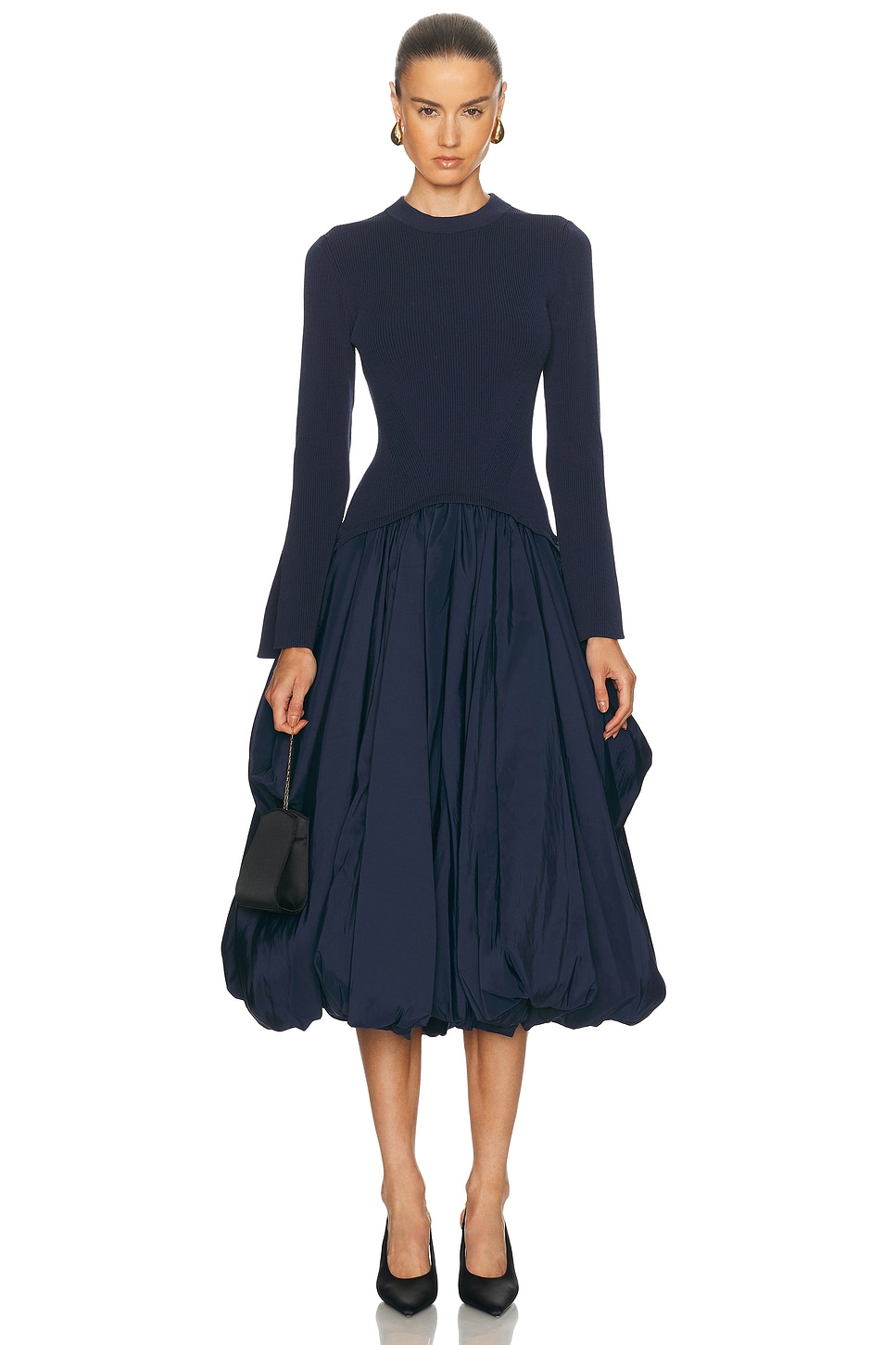 Image 1 of SIMKHAI Kenlie Long Sleeve Neck Midi Dress in Midnight