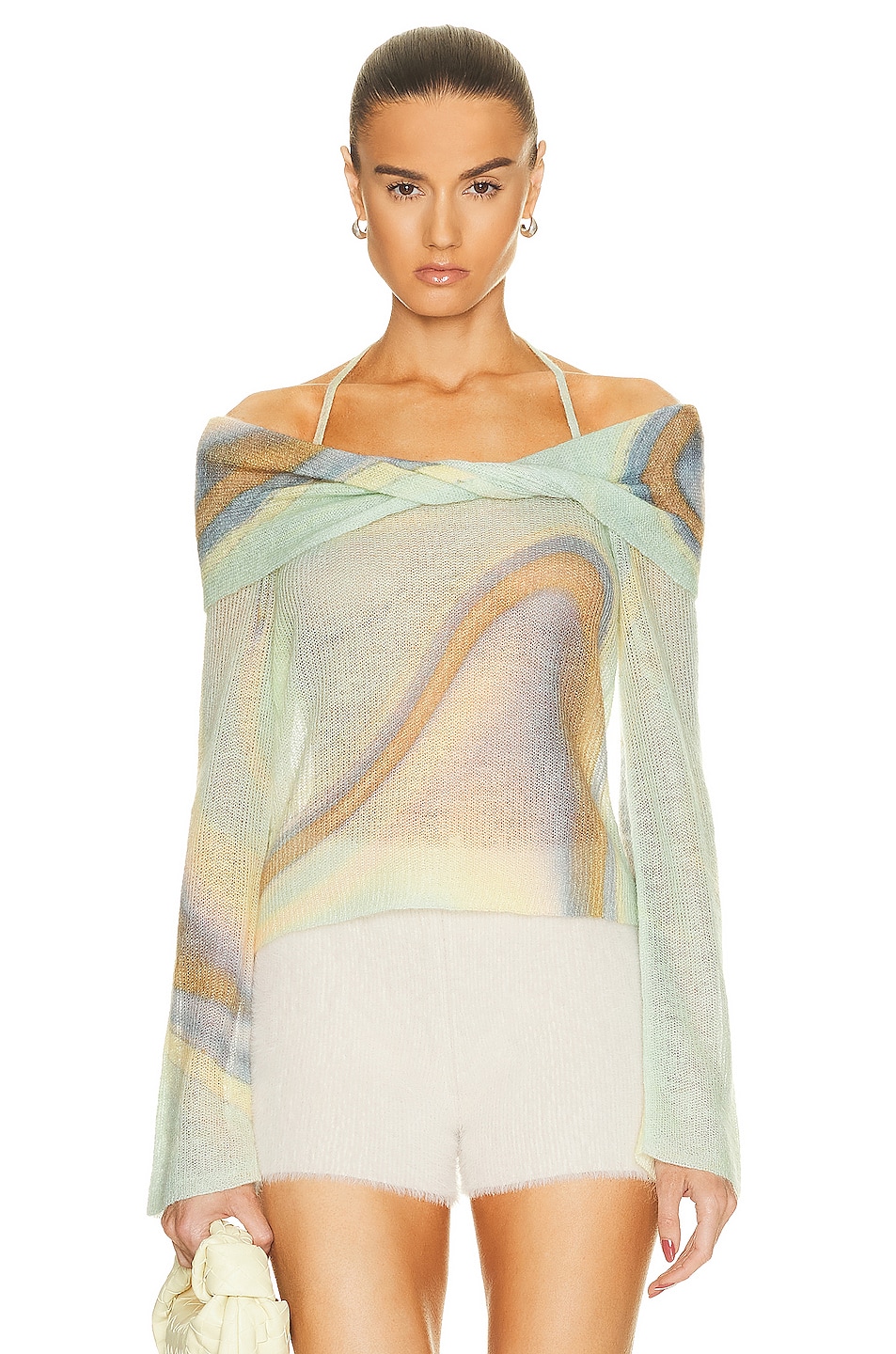 Image 1 of SIMKHAI Cambria Mohair Off Shoulder Top in Alabaster Marble Print