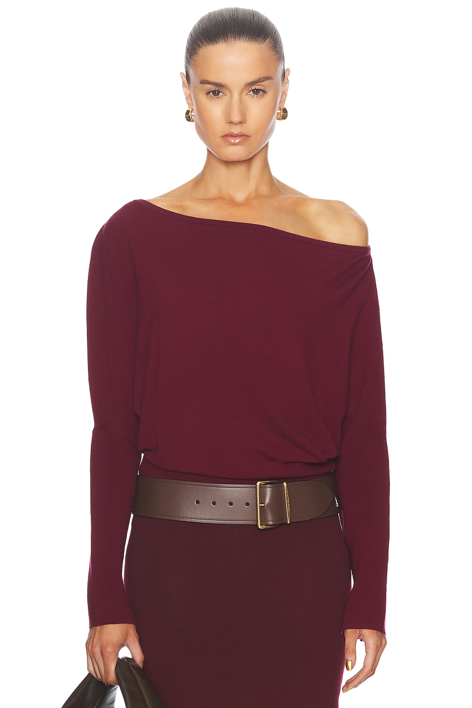 Image 1 of SIMKHAI Lavina Draped Off Shoulder Sweater in Oxblood